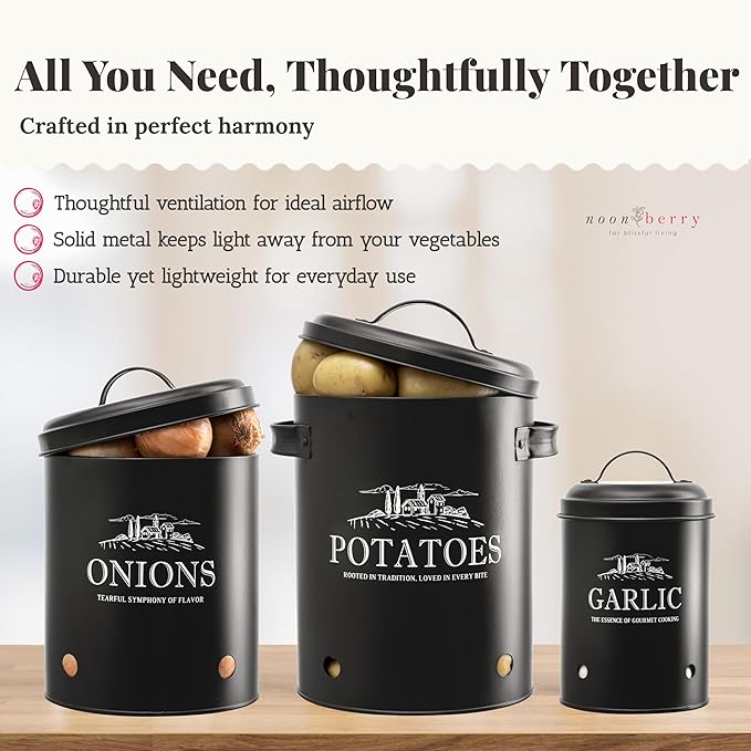 noonberry Potato and Onion Storage Bin Set – 3-Piece Ventilated Potato Storage Bin, Onion Storage Container and Garlic Container – Matte Black Finish