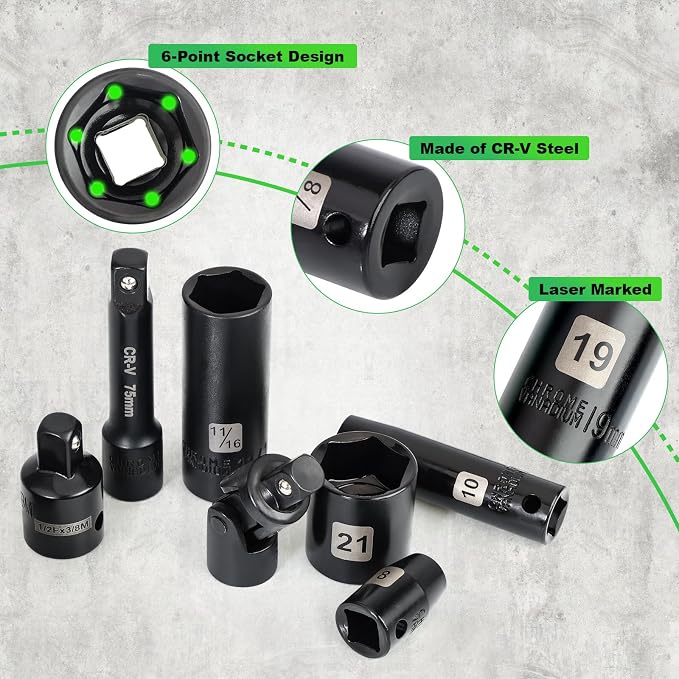 3/8" Drive Impact Socket Set, 50 Piece Standard SAE (5/16 to 3/4 inch) and Metric (8-22mm) 6 Point, Extension Bars, Impact Universal Joint, Adapter, Cr-V Steel