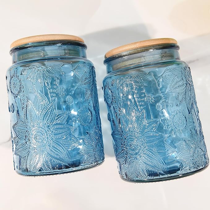 Custde Glass Storage Jars With Airtight Lid, 23.7oz Canister For Kitchen Counter with Bamboo Lid, brown sugar, candy, coffee, cookie, salt, tea,pantry cute Jar (Blue 2-Pack, 23.7 fl oz)