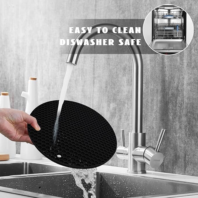 4 Pack Silicone Trivet Mats, 9 Inch Flexible Heat Resistant Silicone Hot Pads Pot Holders for Kitchen Counter, Round Trivets for Hot Dishes - Potholders Jar Opener(Black)