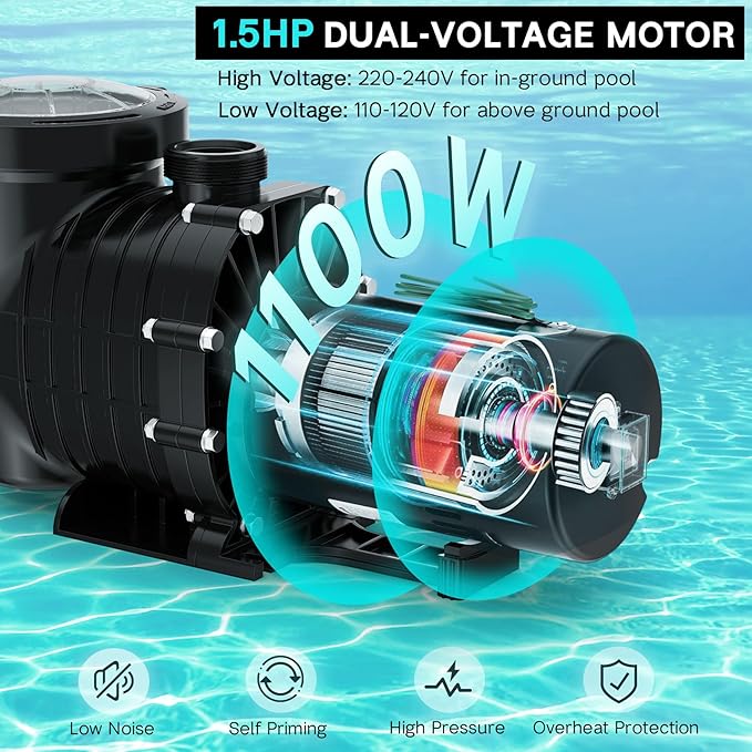 Pool Pump Above Ground/Inground, 1.5 HP 6600GPH Powerful Selfpriming Pool Pumps for 15,000-31,000 Gallons Pools, Dual Voltage Swimming Pool Pump with Strainer Basket & Drain Plug