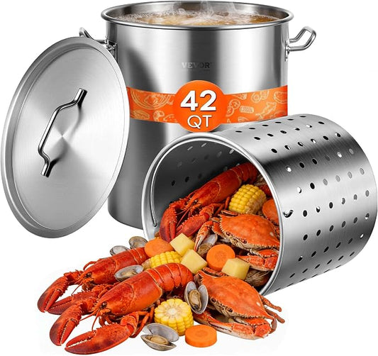 VEVOR Stainless Steel Stockpot, 42 Quart Large Cooking Pots, Cookware Sauce Pot with Strainer, Lid, and Handle, Heavy Duty Commercial Grade Stock Pot, Sanding Treatment, for Large Groups Events Silver