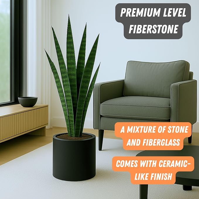 Fox & Fern Large Indoor Planter, Modern Large Plant Pot for Indoor or Outdoor, UV and Frost Resistant - 10 Inch, Matte Black Flower Pot with Drainage Plug, Lightweight