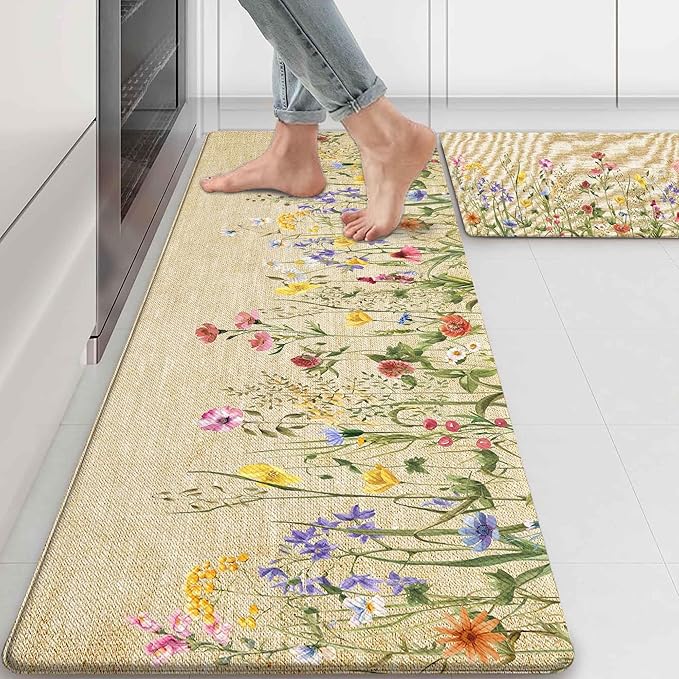 Kitchen Rug Mats for Floor Cushioned Anti Fatigue Floral Kitchen Rugs Sets of 2 Farmhouse Wildflowers Non Slip Waterproof Comfort Memory Foam Standing Floor Mat for Office Laundry Sink Desk