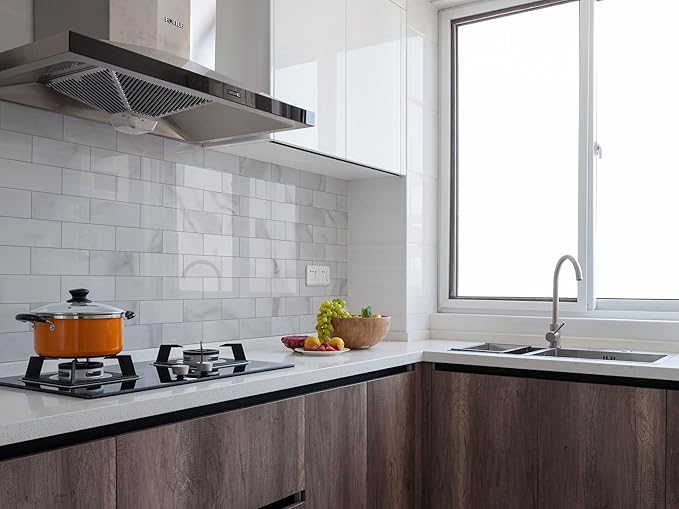 Colamo 6”×12” Swatch Peel and Stick Backsplash,Self Adhesive Faux Stone White Subway Tile for Kitchen, Glossy Carrara Brick Marble Tile Look,Stick on Accent Wall for Bathroom,Vanity,Laundry,Stove