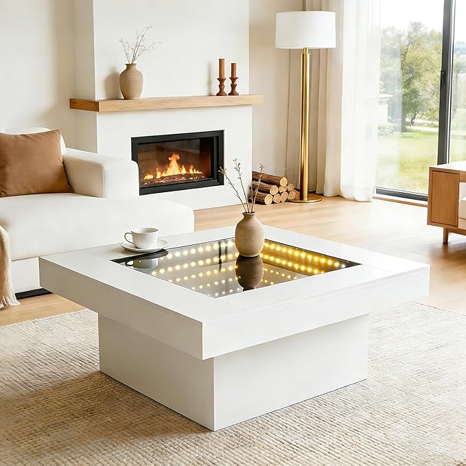 FKWin Modern Coffee Table for Living Room - 31" Endless Depth Mirror Center Table with LED Lights, Unique Square Coffee Table with Tempered Glass-Top, White