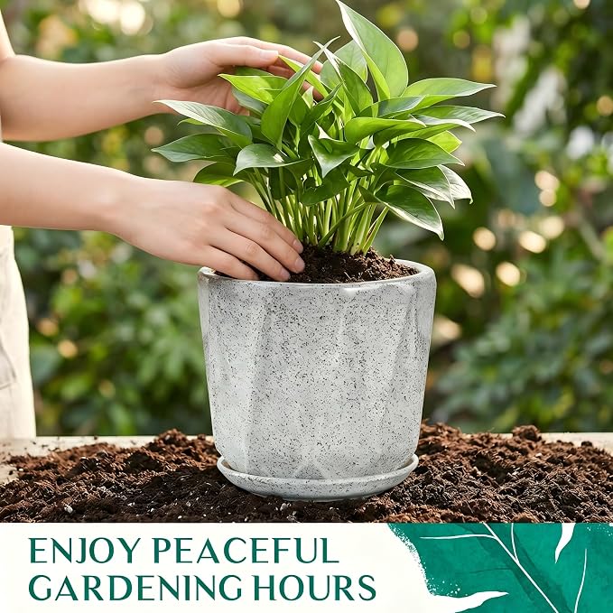 10 Inch Ceramic Plant Pot with Drainage Hole Mesh Net, Large Flower Pots for Indoor Plants with Saucer, Gardening Pots Outdoor (Gray-dot)