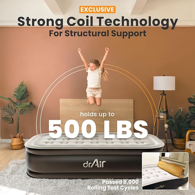 Dr. air Twin Air Mattress with Built-in Pump, 18” Raised Blow Up Mattress - 500 lbs Max Honeycomb Design, 3-Min Inflation, Waterproof Velvety Top, Ideal for Home, Guests & Camping, Colchon Inflable