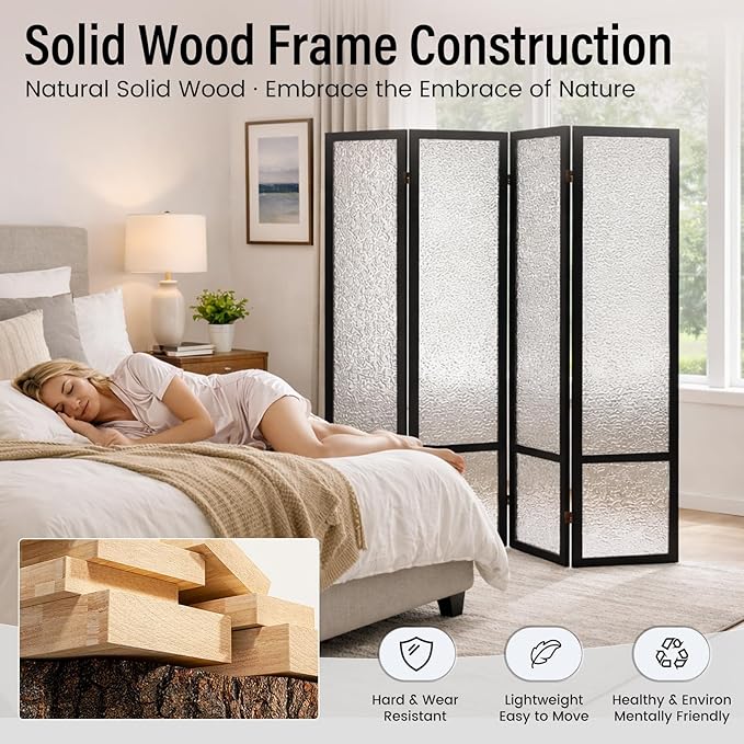 Acrylic Room Divider 4 Panel 67" Tall Room Divider and Privacy Screen with Solid Paulownia Wood Frame, Freestanding Partition Divider for Room Separation, Home, Bedroom, Office - Black