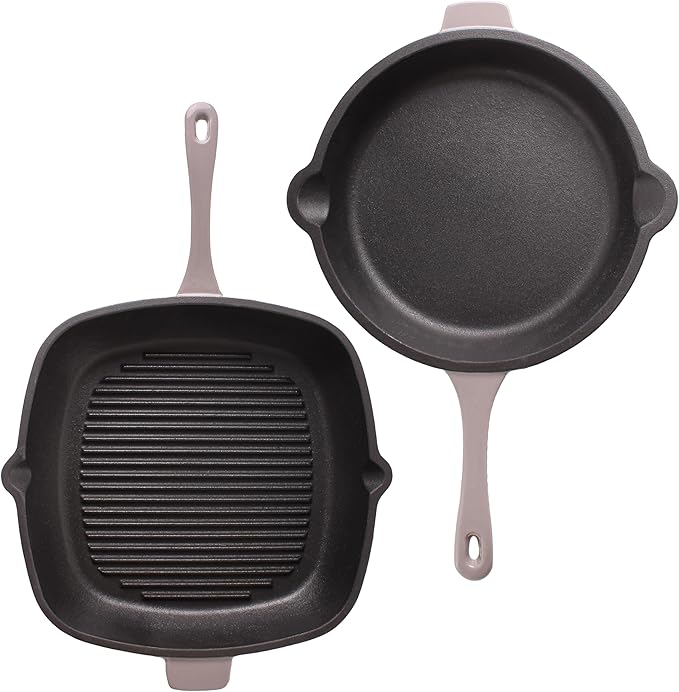 BergHOFF Neo 4Pc Enameled Cast Iron Cookware Set, Grill Pan 11 inches, Fry Pan 10 inches, 3qt. Dutch Oven, Matching Lid, Fast, Evenly Heat, Oven Safe (Oyster)