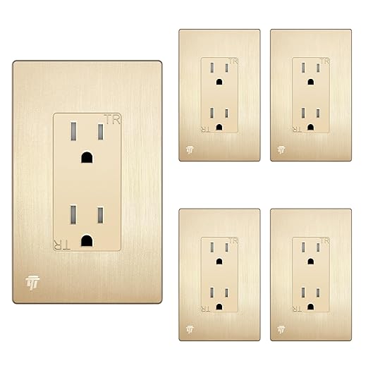 ENERLITES Elite Series Decorator Receptacle Outlet Child Safe Tamper-Resistant, Gloss Finish, Self-Grounding, Residential Grade, 15A 125V, 61501-TR-GDWBP5P, Brushed Gold (5 Pack)