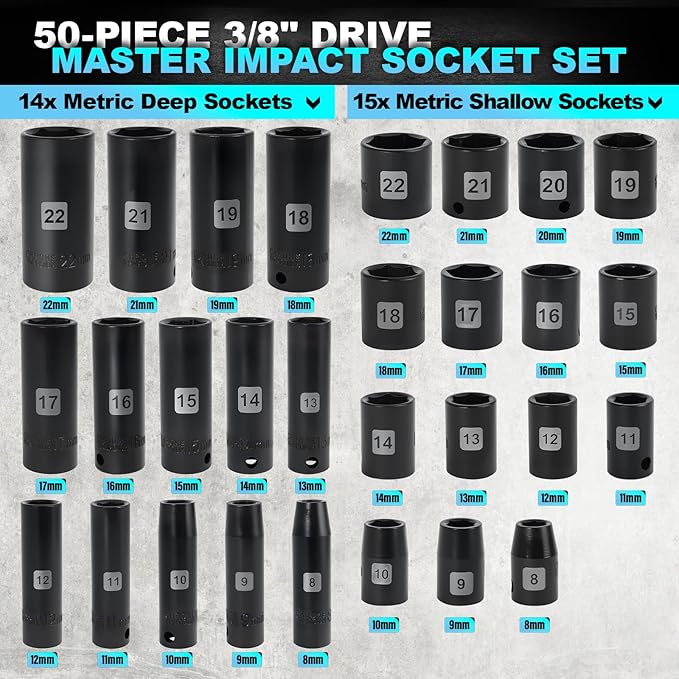 Impact Socket Set, 3/8 inch 50 Piece SAE and Metric Set, Standard SAE (5/16 to 3/4 inch) and Metric (8-22mm) 6 Point, Extension Bars, Impact Universal Joint, Adapter, Cr-V Steel