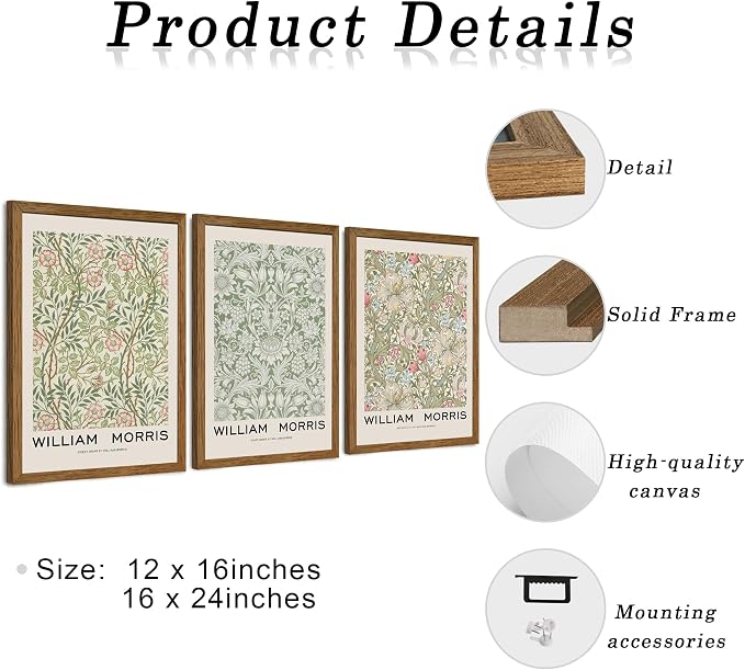 JLTULT 3 Piece Wood Frames Vintage Floral Canvas Wall Art, William Morris Flower Pattern Wall Decor, Nature Botanical Picture Artwork Prints for Living Room Bedroom Office 12x16 inch Easy to Hang