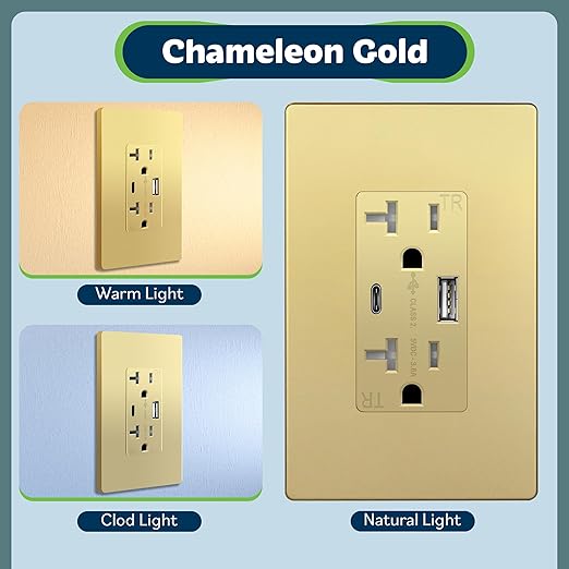 TOPGREENER 2-Port USB Outlet, Type C USB Wall Charger Outlet, 20 Amp TR Receptacle Plug, Charging Power Outlet with USB Ports, Wall Plate Included, UL Listed,TU22036AC-GDWSI-2PCS, Gold, 2Pack