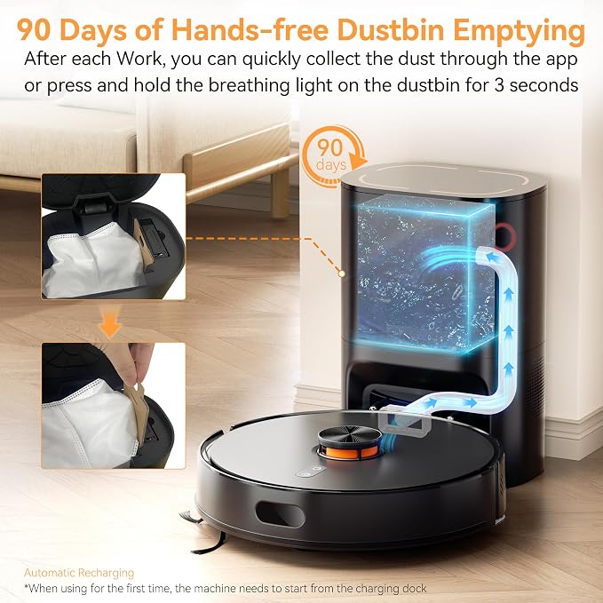 Robot Vacuum and Mop Combo, 90-Day Self-Emptying, 10,000 Pa Suction, with dToF & Laser Navigation & Smart Mapping, Anti-Tangle, 160-Min Runtime, Ideal for Hard Floors, Pet Hair & Carpets