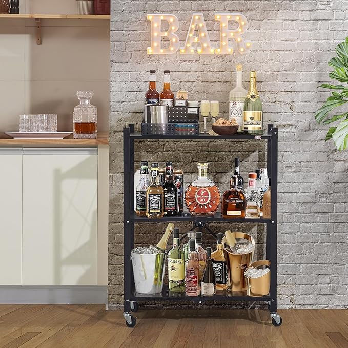 DEANIC 3 Tier Foldable Storage Shelves with Wheels, Kitchen Appliance Stand, Freestanding Metal Wire Shelf Rack, No Assembly Organizer Rolling Cart for Garage, Basement, Pantry (Black)