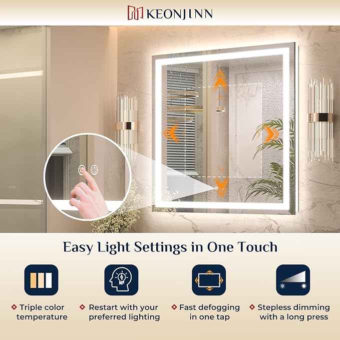 Keonjinn 30 x 36 Inch LED Bathroom Mirror with Lights, Vanity Mirror with Frontlit & Backlit, Dimmable 3-Color Temperature, Lighted Mirror with Anti-Fog, Tempered Glass(Horizontal/Vertical)