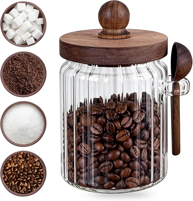 Brown Sugar Saver Bowl with Lid and Spoon, Farmhouse Style Ribbed Glass Coffee canister - Food Storage Jars (20oz) with Wooden Lid for Kitchen, Coffee, Tea, Baking Supplies & Spice Dispenser (1 Pack)