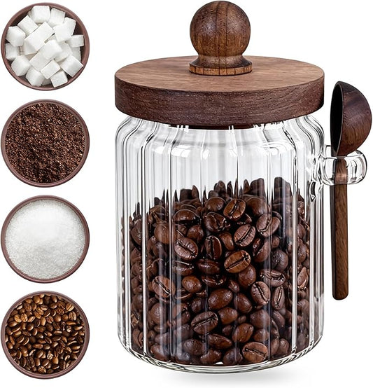 Brown Sugar Saver Bowl with Lid and Spoon, Farmhouse Style Ribbed Glass Coffee canister - Food Storage Jars (20oz) with Wooden Lid for Kitchen, Coffee, Tea, Baking Supplies & Spice Dispenser (1 Pack)