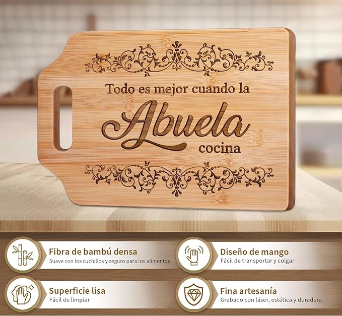 AceThrills Abuelas Mothers Day Gifts for Abuela Gifts, Regalos para Abuela, Regalos de CumpleañOs Navidad para Abuelas Mujer – Tabla de Cortar de Bambú Grabada 12.3"L x 8.7"W x 0.4"Th