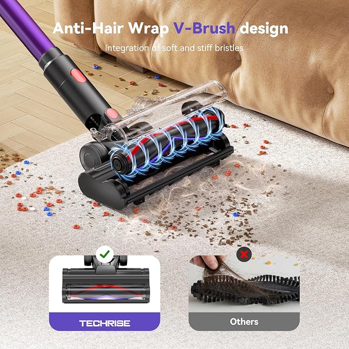 TechRise Cordless Vacuum Cleaner for Home, 550W 45KPa for Pet Hair & Floor | Up to 60 Min Runtime, HEPA Filter, Self-Standing Design, Anti-Tangle Brush & LED Light for Carpets and Hard Floor Cleaning