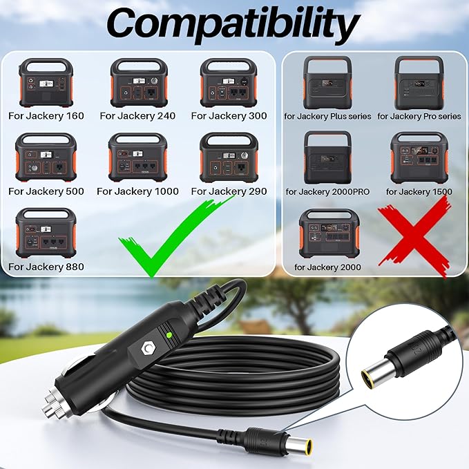 Charger for Jackery Portable Power Station Explorer 1000 300 500 880 550 290 240 160 E160 E240 E300 E500 E550 E880 E1000 Solar Panel Generator Explorer with 6.6 FT Charging Cord 12V-24V Car Charger
