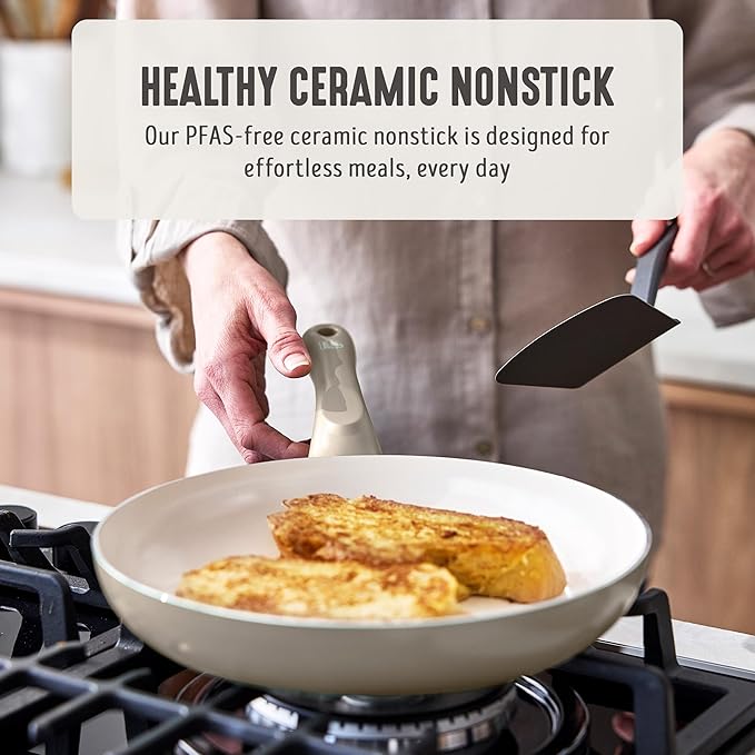 GreenLife 16-Piece Nonstick Cookware Set, Non-Toxic Ceramic Pots and Pans Set, Durable Healthy Kitchen Essentials, Fast Heating, Induction Ready, Easy Clean Dishwasher Safe, PFAS-Free, Beige Taupe