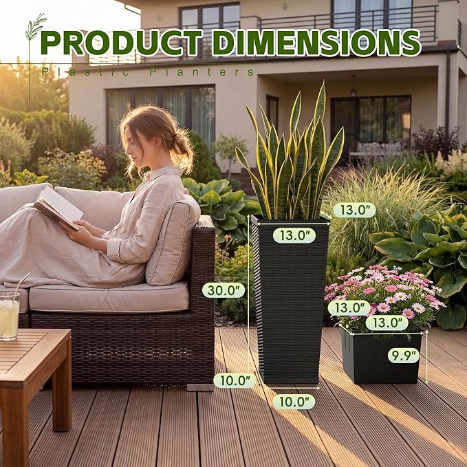 Devoko Resin Tall Planters for Outdoor Plants Set of 2, Large Taper Outdoor Planter Pots with 4 Drainage Holes, Flower Pots Modern Decor for Porch, Patio, Backyard, Home Garden (Black, 30'')