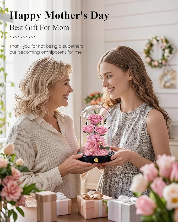 Agrul Mothers Day Flowers Roses Gifts for Mom,Forever Preserved Flower Rose in Glass Dome Fresh Flowers for Delivery Mothers Day Roses Gifts for Wife Women Mom Grandma from Daughter/Pink Rose