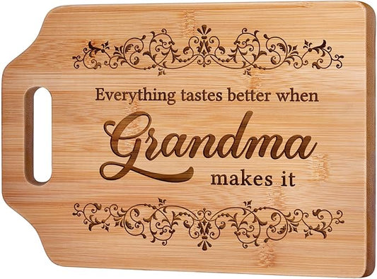 AceThrills Grandma Gifts for Grandma Birthday Gifts from Grandkids for Mother's Day - Engraved Bamboo Cutting Board 13.78"L x 9.84"W x 0.4"Th (Everything Tastes Better)