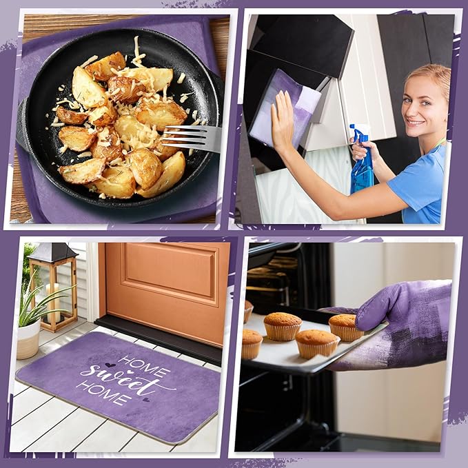 Fourluoo 10 Pcs Grey and Purple Kitchen Decor Purple Oven Mitts and Pot Holders Kit Farmhouse Dish Towels Kitchen Rugs Marble Pattern Oven Gloves for Home Baking Cooking Birthday Summer Gifts Decor