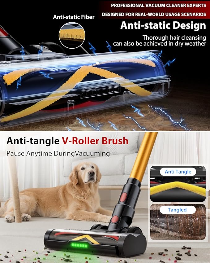 Cordless Vacuum Cleaner, 75Mins/55KPa/650W Freestanding Vacuum Cleaners for Home, with Anti-Static&Anti-Tangle Brush, LED Touch Screen, Stick Vacuum for Carpets, Pet Hair, Hardwood Floors
