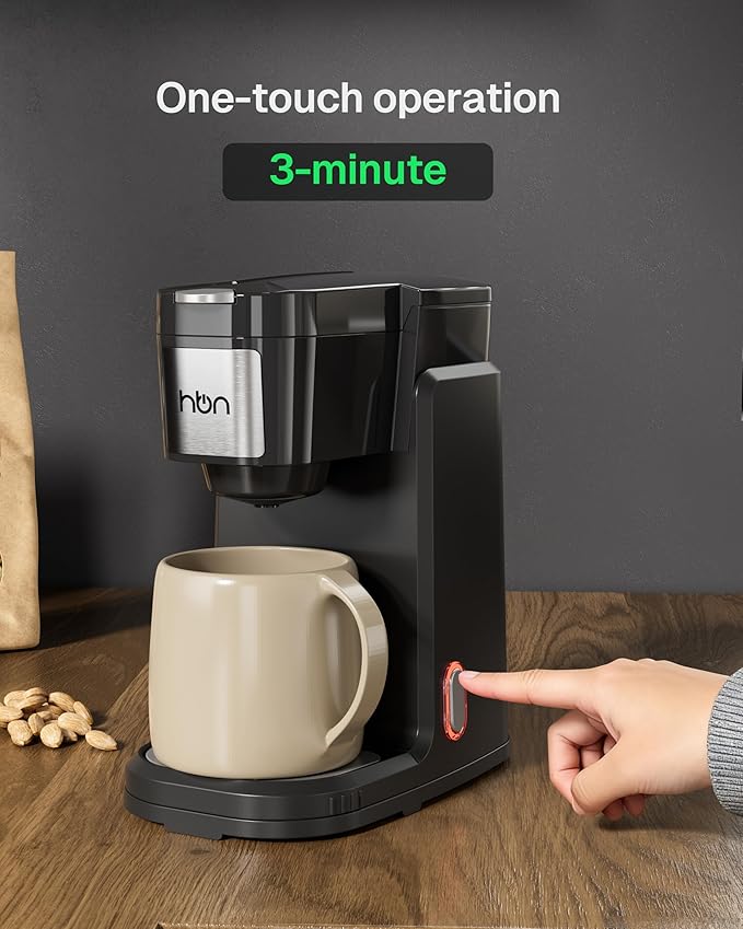 HBN Single Serve Coffee Maker for K-Cup & Ground Coffee, Fast Brew One Cup Coffee & Tea Machine with 10oz Stainless Steel Tank, Compact Design Capsule Coffee Machine, Black
