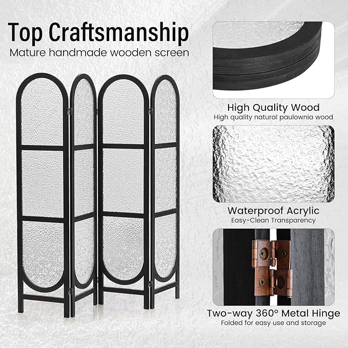 Acrylic Room Divider 4 Panel 67" Tall Arched Room Divider and Privacy Screen with Solid Paulownia Wood Frame, Freestanding Partition Divider for Room Separation, Home, Bedroom - Black