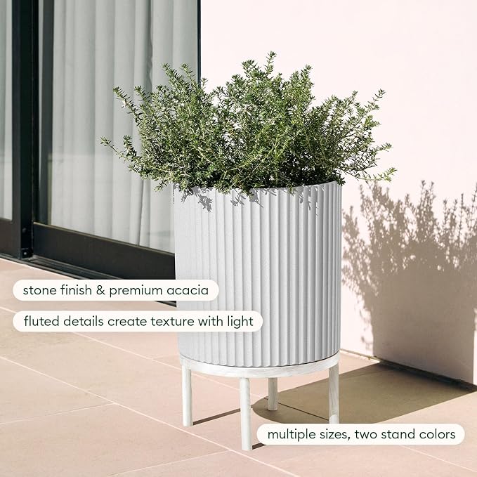 Veradek Demi Series Round Planter w/ Stand for Porch/Patio | Durable Plastic-Stone composite & Wooden Stand | Modern Décor for Tall Plants, Flowers