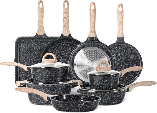 JEETEE 24Pcs Ceramic Cookware Set, Gray Pots and Pans Set Non Stick, Kitchen Healthy Non Toxic Induction Cookware Sets W/Saucepans, Sauté Pan, Griddle, Crepe Pan & Pancake Rake (PFAS,PFOA Free)