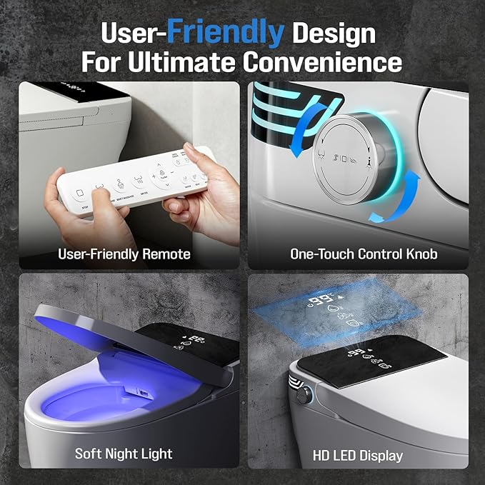 Smart Toilet with Bidet Built-In, Tankless Powerful Dual Flush, Auto Open/Close & Auto Flush, Elongated Heated Seat, Instant Warm Water & Dryer, LED Night Light & Temp Display