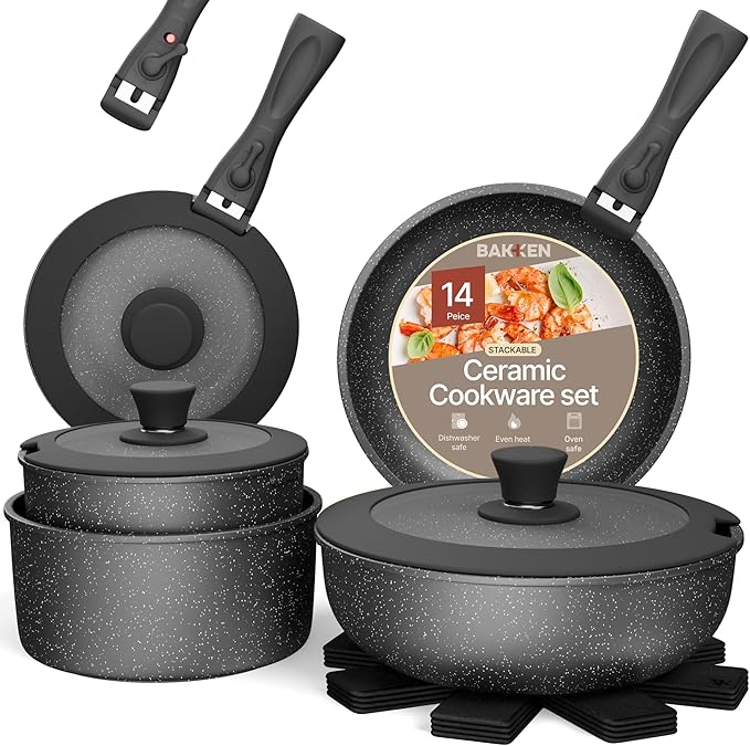 Pots & Pans Set Non Stick Ceramic-Granite – 15-Piece Cookware with Detachable Handles, Stackable Space-Saving, Dishwasher Safe, Oven & All-Stove Safe, Tempered Glass Lids, Black Granite