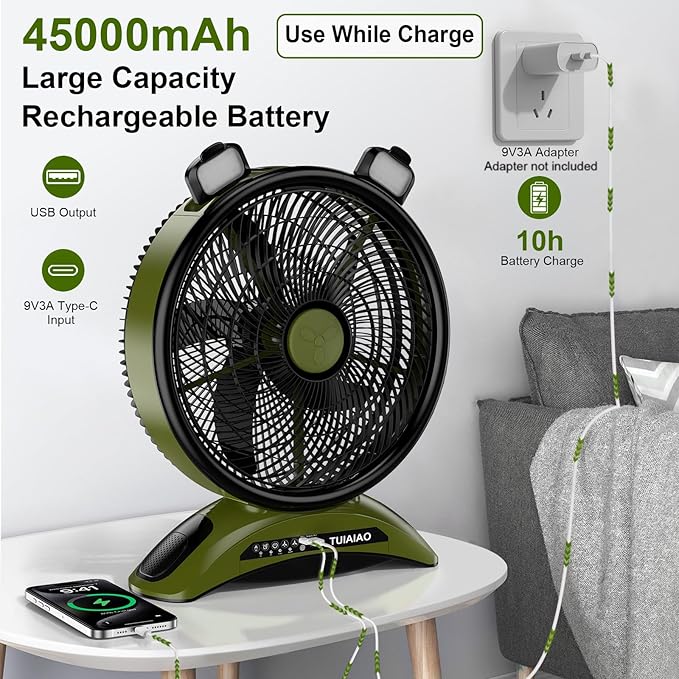 45000mAh Battery Operated Fan with Light, High Velocity Rechargeable Camping Fan, 12-Inch Portable Battery Powered Fan for Tent RV Hurricane, Quiet Use While Charging with Remote Timer, Green