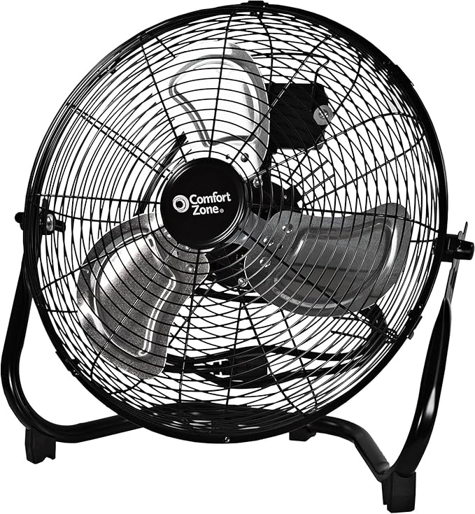 Comfort Zone Cradle Floor Fan, Electric, High-Velocity,180 Degree Adjustable Tilt, 14 inch, 3 Speed, Carry Handle, Rubber Feet, Metal, Airflow 21 ft/sec, Ideal for Garage or Workshop, CZHV14B