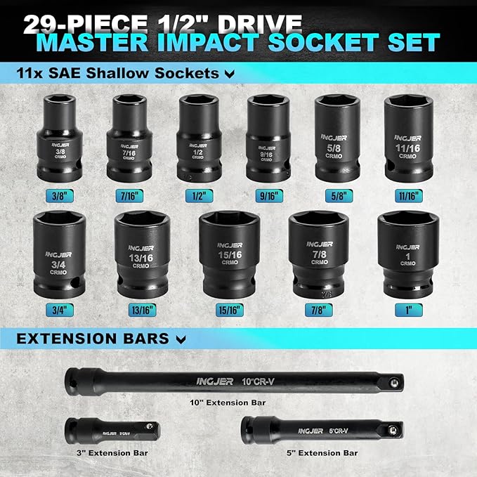 1/2 Impact Socket Set, 29PCS Shallow, SAE (3/8 to 1 inch) and Metric (10-24mm) Sizes with Extension Bars Standard Shallow Socket Set CR-MO Material High Torque Truck Bearing Locknut