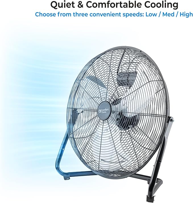 Comfort Zone 20-Inch High-Velocity Industrial Floor Fan, Heavy-Duty 3-Speed Metal Shop Fan with 180° Adjustable Tilt & Carry Handle, Quiet Vibration-Free Cooling for Garage, Workshop, & Home