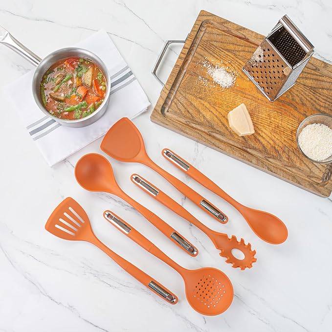 Restaurantware Silicone Utensil Set Pack of 1 Non-Slip Handle 6-Piece Kitchen Tool Set, Heat-Resistant Dishwasher-Friendly Cooking Accessories, Durable Orange Cooking Utensils