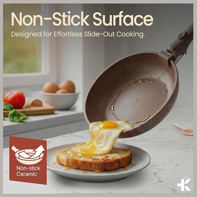 Pots and Pans Set Non Stick Ceramic-Granite – 14-Piece Cookware with Detachable Handles, Stackable Space-Saving, Dishwasher Safe, Stain-resistant, Oven & All-Stove Safe, Tempered Glass Lids, Brown