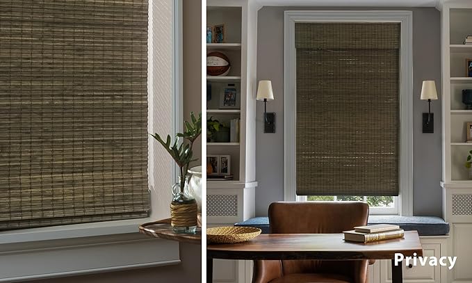 LazBlinds No Tools No Drill Cordless Bamboo Roman Shades, Privacy Window Treatment, Roll Up Bamboo Blinds for Windows 29'' W x 64'' H, Driftwood