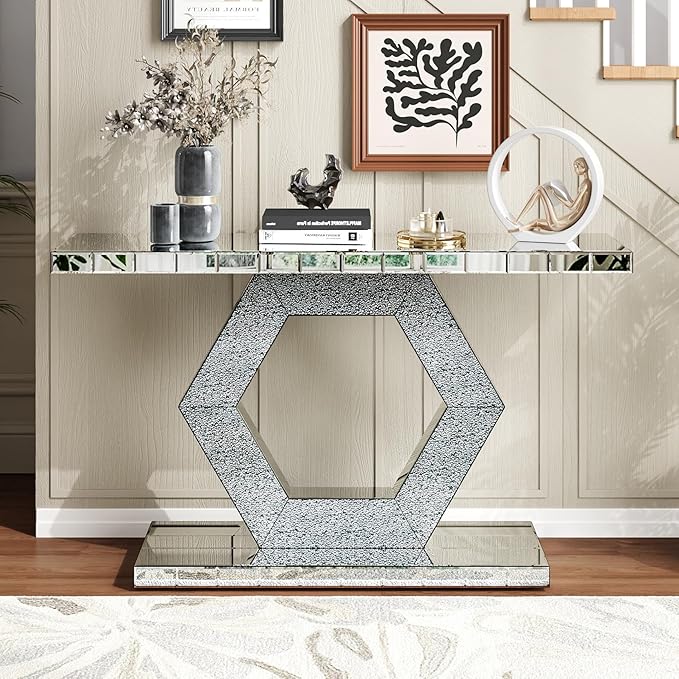 SSLine Mirror Console Table for Living Room 55" Modern Mirrored Entryway Table with Shiny Hexagon Base Luxury Glass Foyer Tables for Entryway Hallway