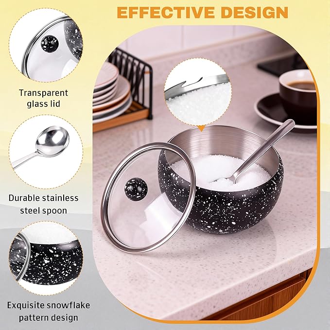 holoith Sugar Container with Glass Lid and Spoon, 16oz Snowflake pattern Stainless Steel Sugar Bowl for Coffee Bar Station Accessories Kitchen Storage for Salt, Candy, Coffee Bean (Black)