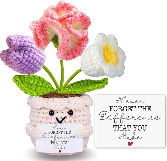 Teacher Appreciation Gifts, Thank You Teacher Gifts, Graduation Birthday Retirement Gift for Teachers Mentor Coworker Boss, Cute Handmade Crochet Carnations 3 Flowers Pot Doll Teacher's Day Bulk Gift