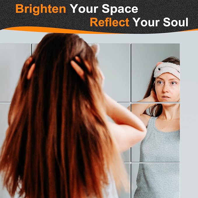 Delma Frameless Mirror Tiles 12"x10"x16 Pcs Wall Mounted | Shatter Resistant, Full Length, Tempered Glass Panels, For Home Gym Bathroom Bedroom & Living Room Decor