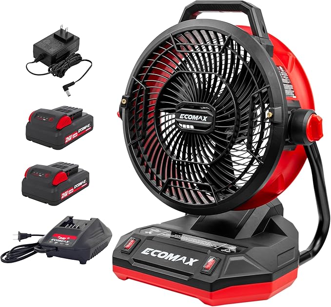 ECOMAX 12" AC/DC Bucket Top Misting Fan, Cordless with 2x20V Batteries & 2A Charger, 2-Speed Airflow & 2-Speed Mist Cooling Fan for Outdoor, Patio, Camping, Fits for 5-Gallon Bucket & Garden Hose